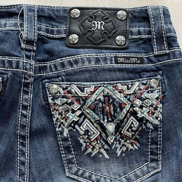 Miss Me Denim - Miss Me Jeans Mid-Rise Boot Aztec Embroidery Design Pockets Size 27 Actual 29x34
